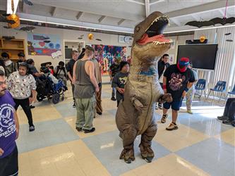 student dressed as a t-rex