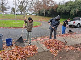 students raking leaves